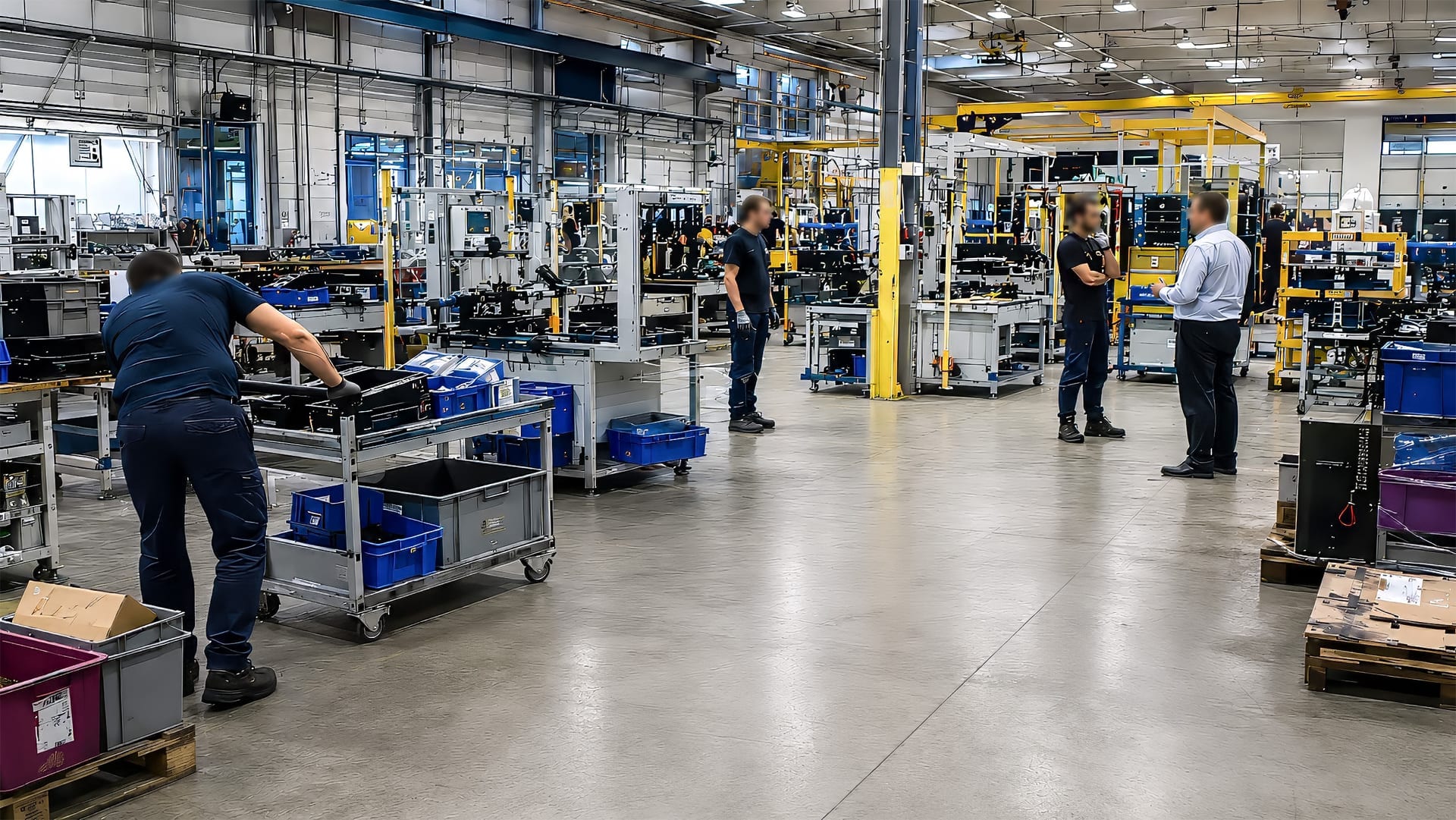 Chão de fábrica industrial com mobiliário fixo, obstáculo à reconfiguração