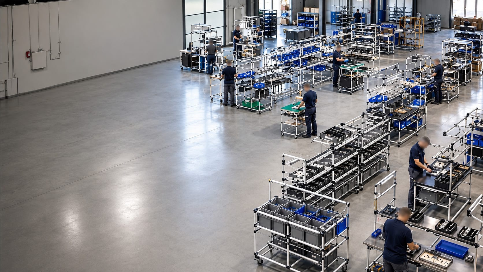 Atelier industriel équipé de postes de travail et chariots Makitlean