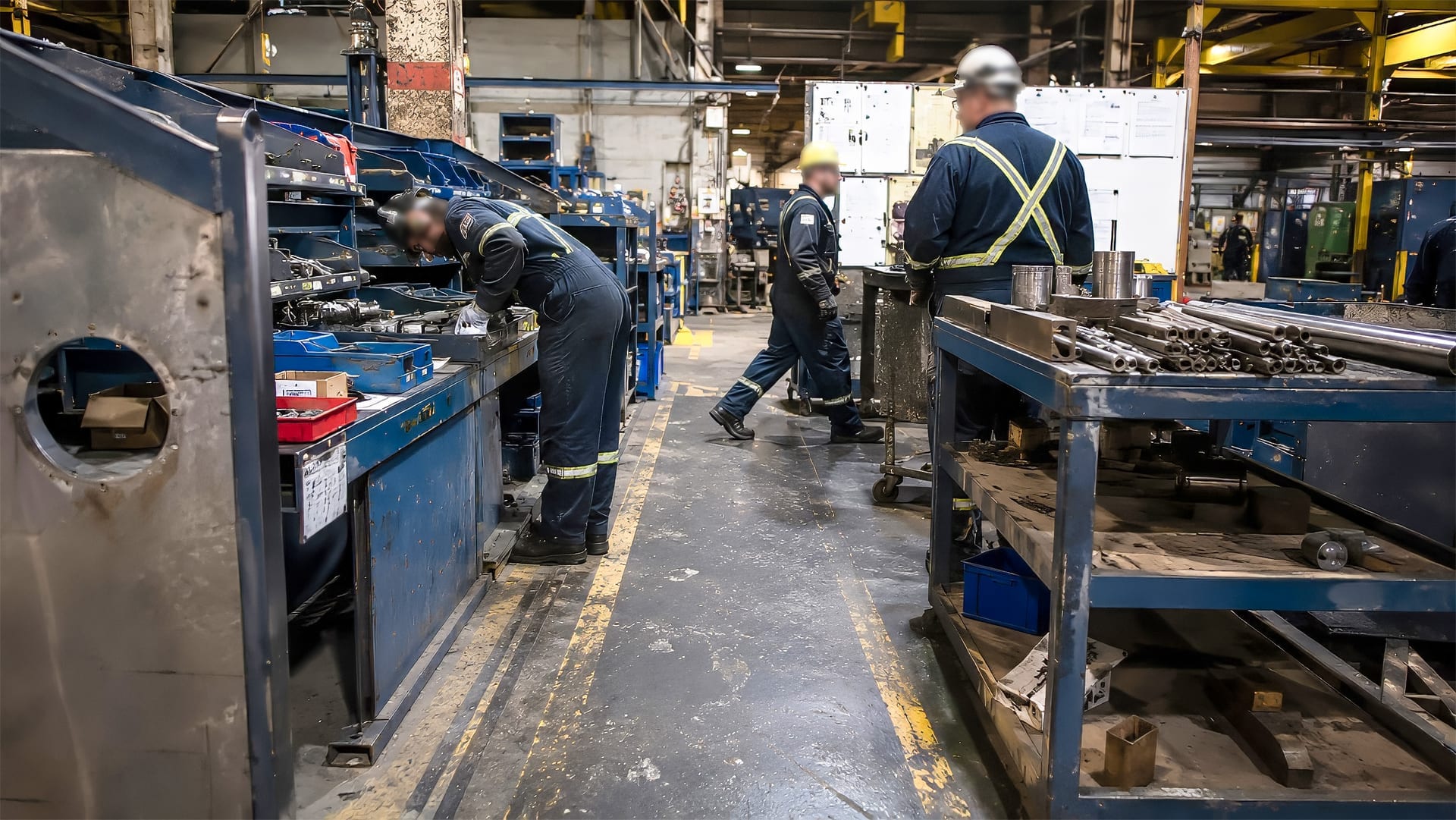 Chão de fábrica industrial com mobiliário fixo sobrecarregado, obstáculo à melhoria contínua