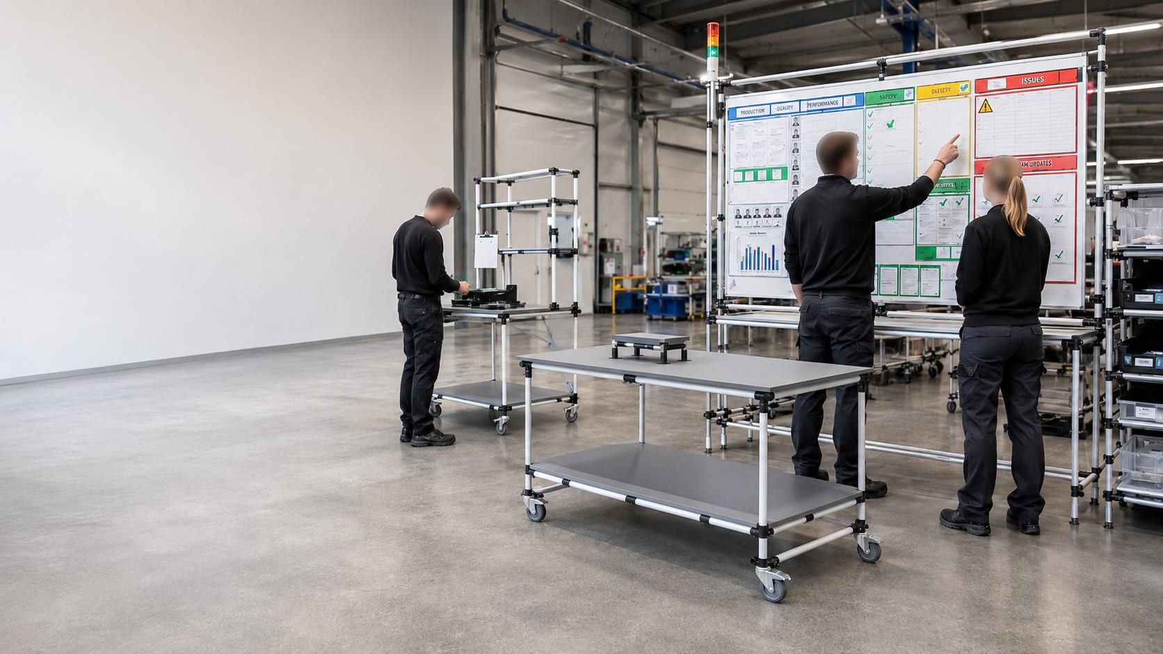 Quadro de gestão visual integrado a uma bancada Makitlean